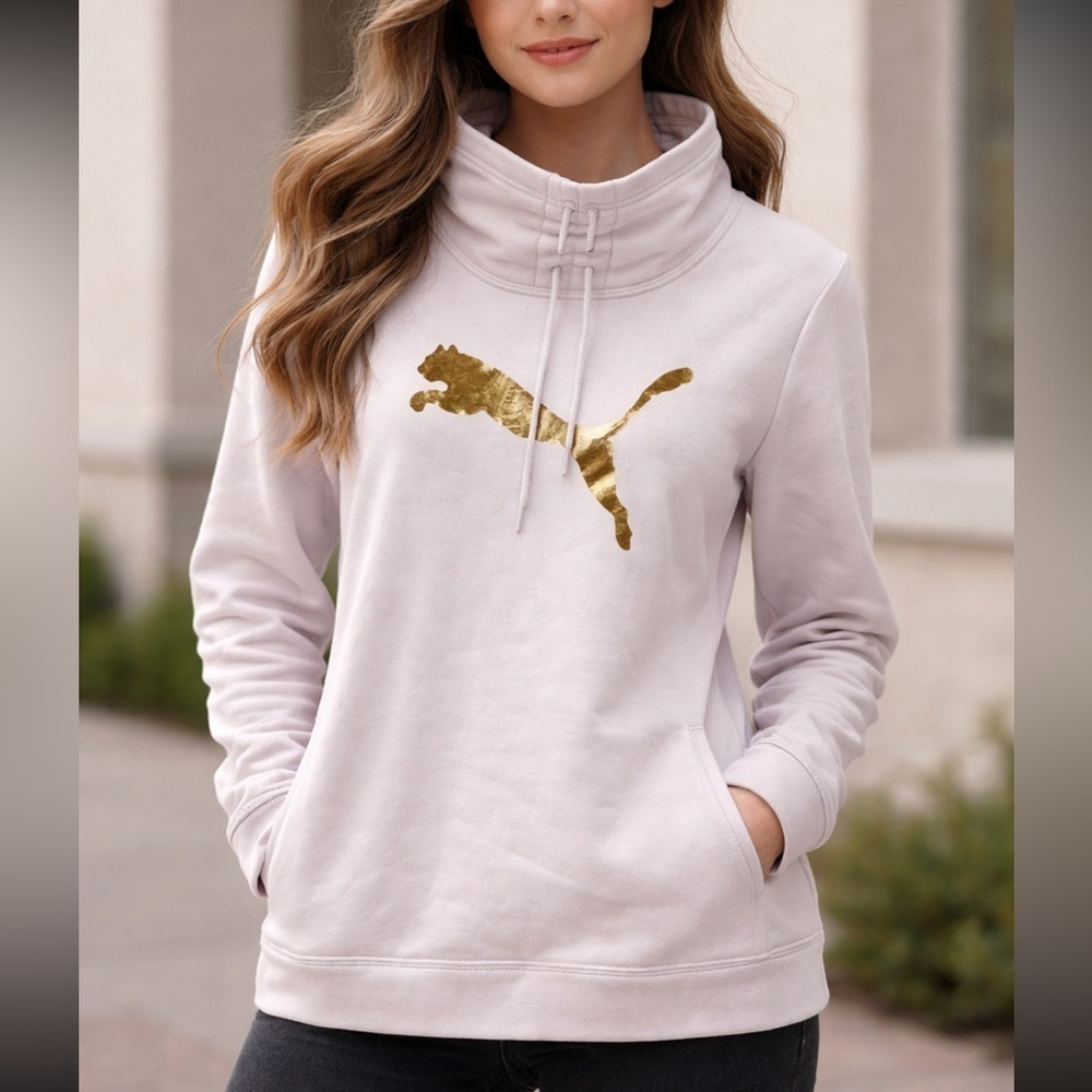 WOMENS LARGE PUMA GOLD LOGO COWL NECK HOODIE SWEATSHIRT